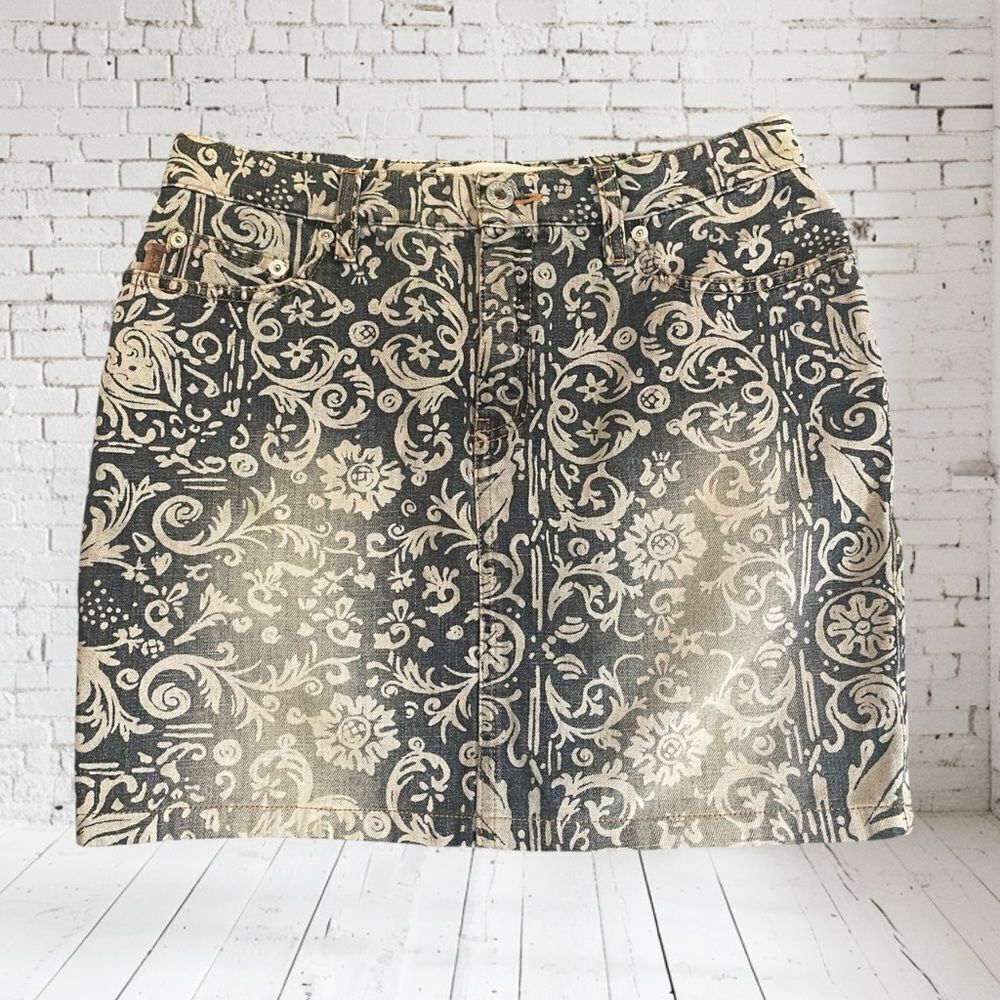 Moschino Distressed denim Blue/Cream‎ Mini Pencil Skirt Sz 8